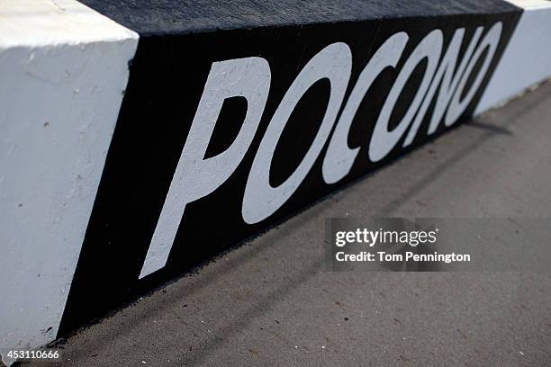 Pocono signage is seen prior to the NASCAR Sprint Cup Series GoBowling.com 400 at Pocono Raceway on August 3, 2014 in Long Pond, Pennsylvania.