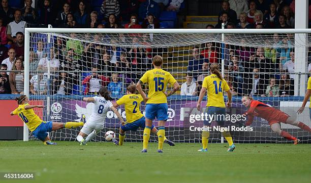 Karen Carney of England shoots to score during the Women's International Friendly match between England and Sweden at Victoria Park on August 3, 2014...