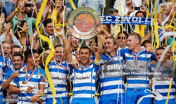 Captain, Bram van Polen of Zwolle lifts the trophy after winning the 19th Johan Cruijff Shield match between Ajax Amsterdam and PEC Zwolle at the...