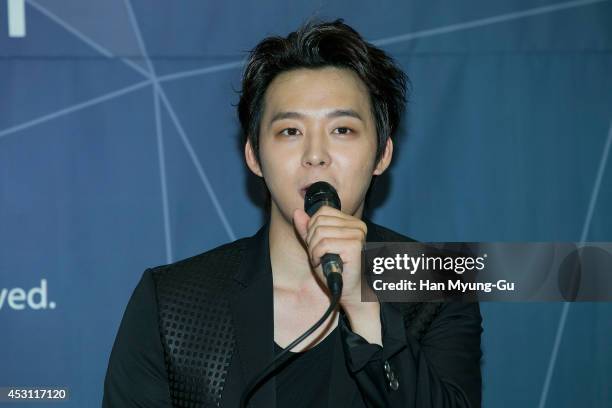 Park Yoo-Chun of South Korean boy band JYJ attends the 2014 JYJ 2nd Album "Just Us" show case at COEX Hall on August 3, 2014 in Seoul, South Korea.