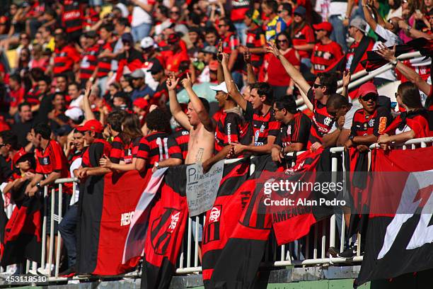 Flamengo fans cheer for their team during the match between Chapecoense and Flamengo for the Brazilian Series A 2014 at Arena Conda on August 3, 2014...