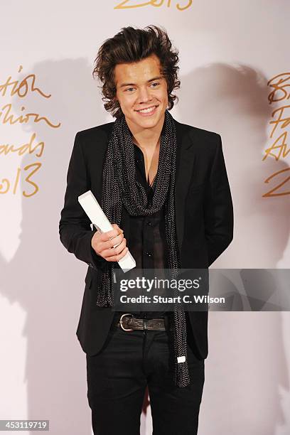 Harry Styles with the British Style bought to you by Vodaphone Award poses in the winners room at the British Fashion Awards 2013 at London Coliseum...