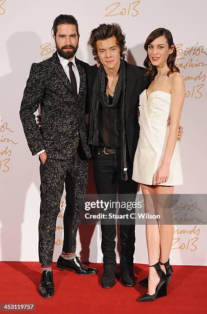 Jack Guinness, Harry Styles with the British Style bought to you by Vodaphone Award and Alexa Chung poses in the winners room at the British Fashion...