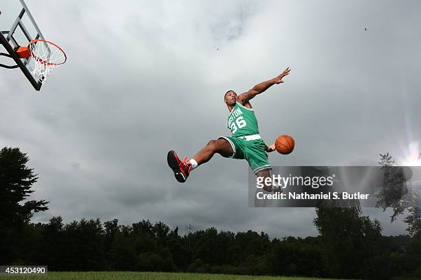 Marcus Smart of the Boston Celtics poses for a portrait during the 2014 NBA rookie photo shoot on August 3, 2014 at the Madison Square Garden...