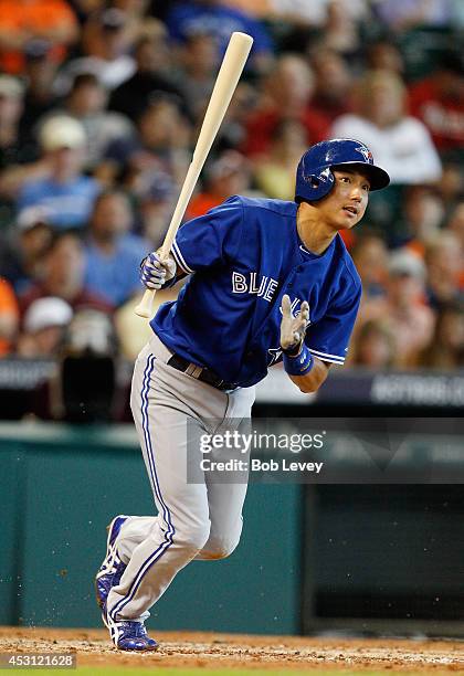 Munenori Kawasaki of the Toronto Blue Jays grounds out in the fourth inning against the Houston Astros at Minute Maid Park on August 3, 2014 in...