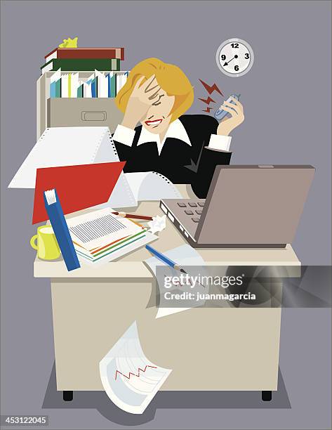 ilustraciones, imágenes clip art, dibujos animados e iconos de stock de tensión mujer ejecutiva en su oficina. - presión
