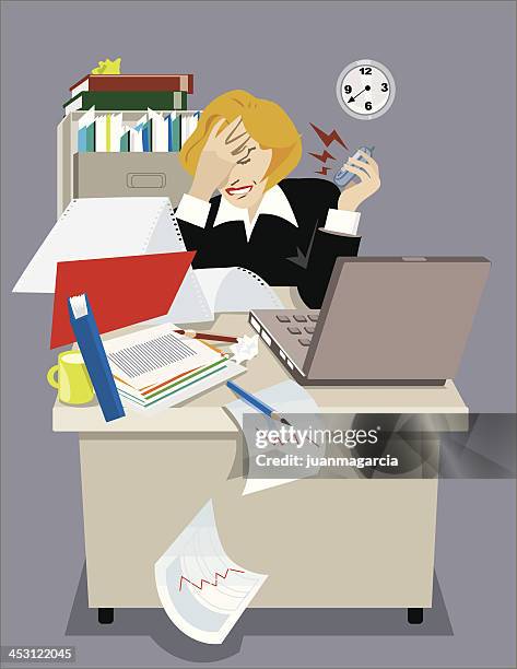 ストレスのたまったエグゼクティブオフィスで女性。 - 泣く　女性　正面点のイラスト素材／クリップアート素材／マンガ素材／アイコン素材