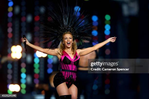 Singer Kylie Minogue performs during the Closing Ceremony for the Glasgow 2014 Commonwealth Games at Hampden Park on August 3, 2014 in Glasgow,...
