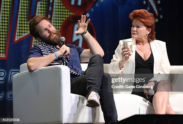 Artist Alec Egan and his mom, actress Kate Mulgrew speak on stage during the 13th annual Star Trek convention at the Rio Hotel & Casino on August 3,...