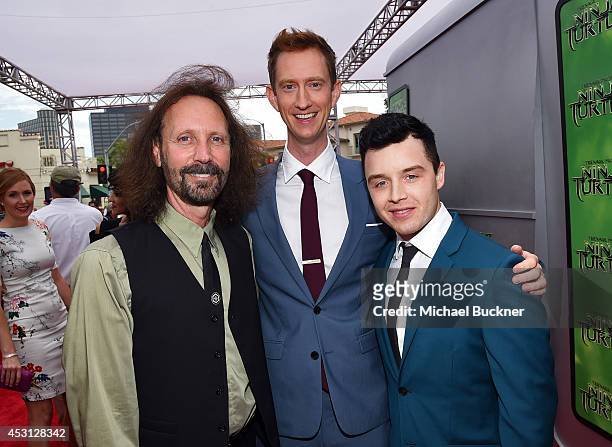 Producer Scott Mednick, actors Jeremy Howard and Noel Fisher attend the premiere of Paramount Pictures' "Teenage Mutant Ninja Turtles" at Regency...