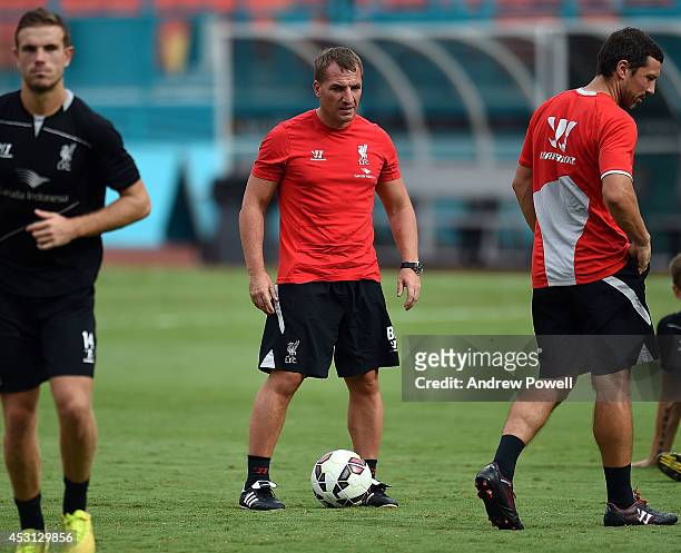 Brendan Rodgers, manager of Liverpool, in action during an open training session at Sunlife Stadium on August 3, 2014 in Miami, Florida.