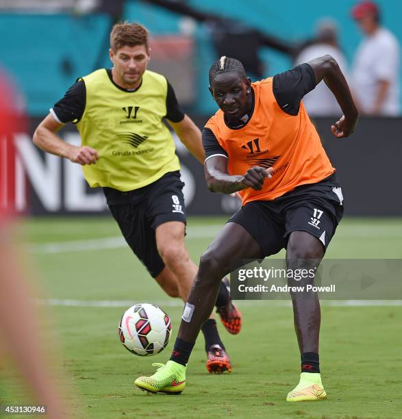 Mamadou Sakho and Steven Gerrard of Liverpool in action during an open training session at Sunlife Stadium on August 3, 2014 in Miami, Florida.