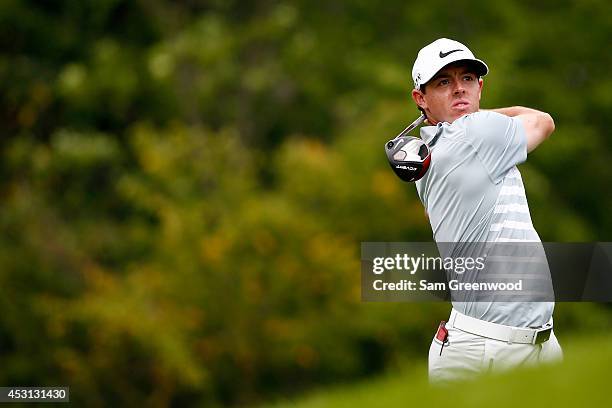 Rory McIlroy of Northern Ireland hits off the sixth tee during the final round of the World Golf Championships-Bridgestone Invitational at Firestone...