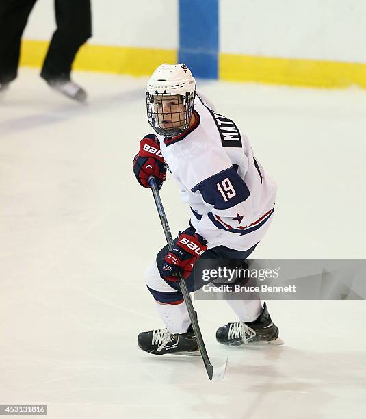 Auston Matthews of USA White skates against Team Sweden during the 2014 USA Hockey Junior Evaluation Camp at the Lake Placid Olympic Center on August...