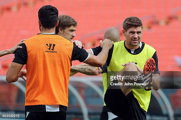 Steven Gerrard of Liverpool in action during an open training session at Sunlife Stadium on August 3, 2014 in Miami, Florida.