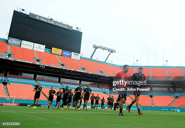 Steven Gerrard of Liverpool leads the team during an open training session at Sunlife Stadium on August 3, 2014 in Miami, Florida.