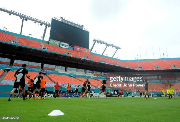Players of Liverpool during an open training session at Sunlife Stadium on August 3, 2014 in Miami, Florida.