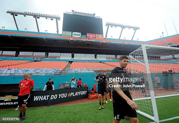 Steven Gerrard of Liverpool leads the team out before an open training session at Sunlife Stadium on August 3, 2014 in Miami, Florida.