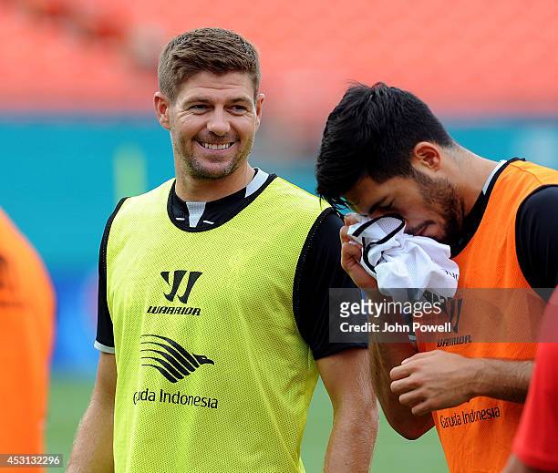 All smiles on Steven Gerrard of Liverpool during an open training session at Sunlife Stadium on August 3, 2014 in Miami, Florida.