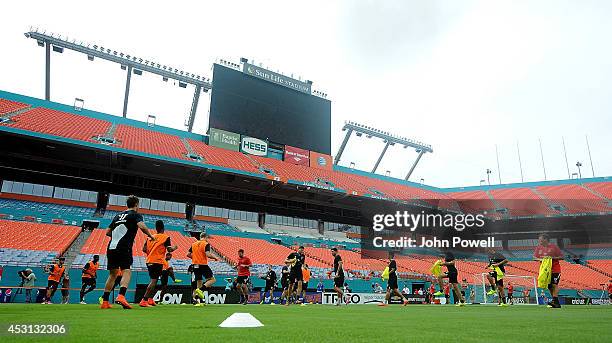 Players of Liverpool during an open training session at Sunlife Stadium on August 3, 2014 in Miami, Florida.