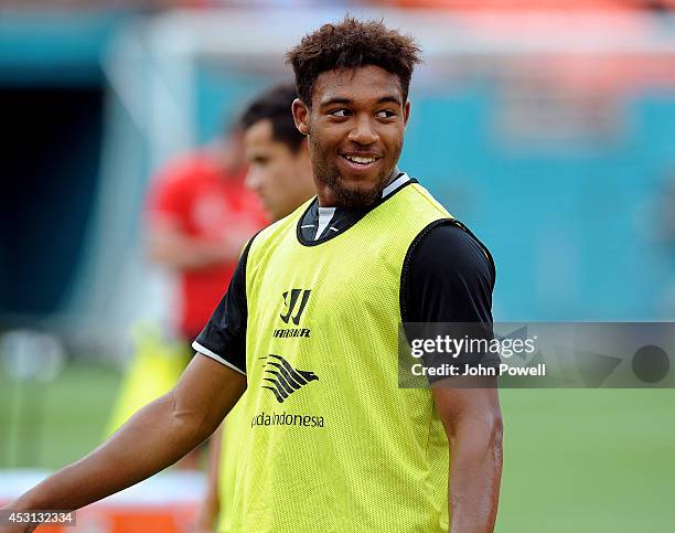 All smiles on Jordon Ibe of Liverpool during an open training session at Sunlife Stadium on August 3, 2014 in Miami, Florida.