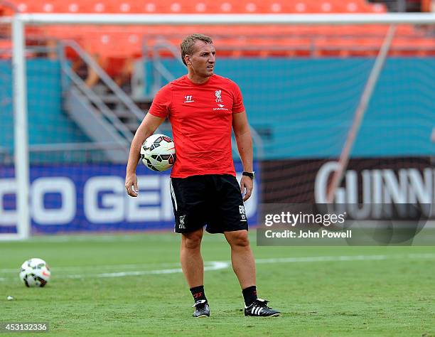 Brendan Rodgers manager of Liverpool in action during an open training session at Sunlife Stadium on August 3, 2014 in Miami, Florida.