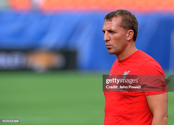 Brendan Rodgers manager of Liverpool in action during an open training session at Sunlife Stadium on August 3, 2014 in Miami, Florida.
