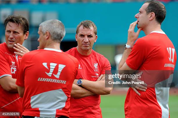 Brendan Rodgers manager of Liverpool in action during an open training session at Sunlife Stadium on August 3, 2014 in Miami, Florida.