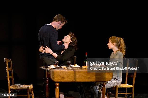 Actors Nicolas Duvauchelle, Fanny Ardant and Agathe Bonitzer perform in 'Des journees entieres dans les arbres' play at the 30th Ramatuelle Festival...