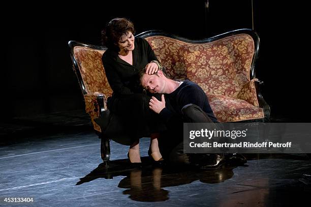 Actors Nicolas Duvauchell and Fanny Ardant perform in 'Des journees entieres dans les arbres' play at the 30th Ramatuelle Festival : Day 3 on August...