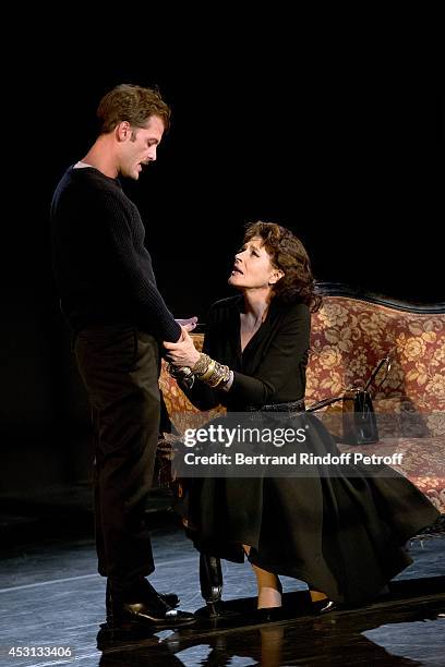 Actors Nicolas Duvauchell and Fanny Ardant perform in 'Des journees entieres dans les arbres' play at the 30th Ramatuelle Festival : Day 3 on August...