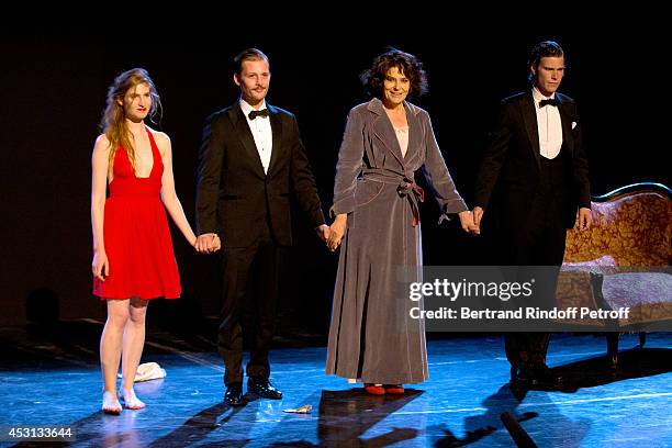 Actors Agathe Bonitzer, Nicolas Duvauchelle, Fanny Ardant and Jean-Baptiste Jafarge during the final greeting of 'Des journees entieres dans les...
