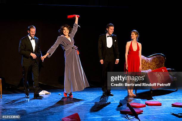 Actors Nicolas Duvauchelle, Fanny Ardant, Jean-Baptiste Jafarge and Agathe Bonitzer during the traditional throw of cushions at the final greeting of...