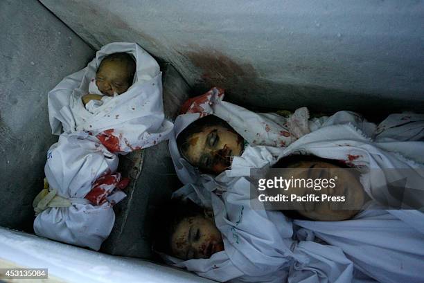 Picture of the child casualties at the morgue in Rafah in the Southern Gaza Strip in an ice-cream freezer, who died along with other members of...
