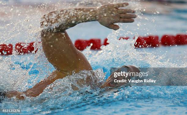 Julien Baillod of Switzerland competes in the Men's 800m Freestyle at Parc Jean-Drapeau during the 15th FINA World Masters Championships on August...