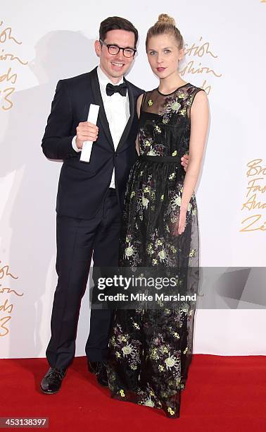 Clemence Poesy and Erdem Moralioglu poses in the winners room at the British Fashion Awards 2013 at London Coliseum on December 2, 2013 in London,...