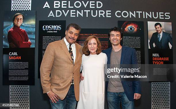 Neil DeGrasse Tyson, Ann Druyan and Rainer Gombos arrive at the Fox And National Geographic Channel Presents A Screening Of "Cosmos: A Spacetime...