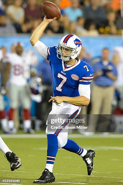 Quarterback Jeff Tuel of the Buffalo Bills passes during the third quarter against the New York Giants at the 2014 NFL Hall of Fame Game at Fawcett...