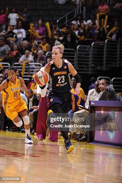 Katie Douglas of the Connecticut Sun handles the ball against the Los Angeles Sparks at STAPLES Center on August 3, 2014 in Los Angeles, California....