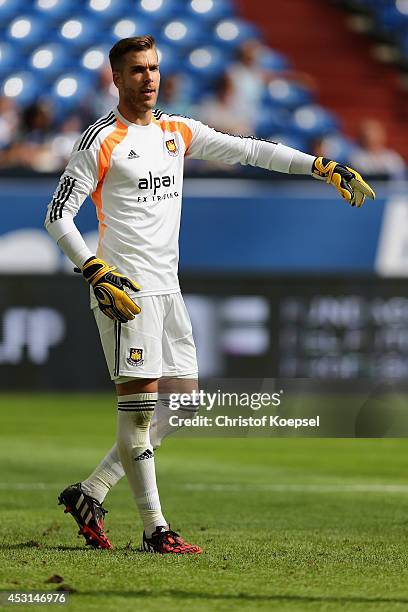 Adrian of West Ham United issues instructions during the match between FC Malaga and West Ham United as part of the Schalke 04 Cup Day at...