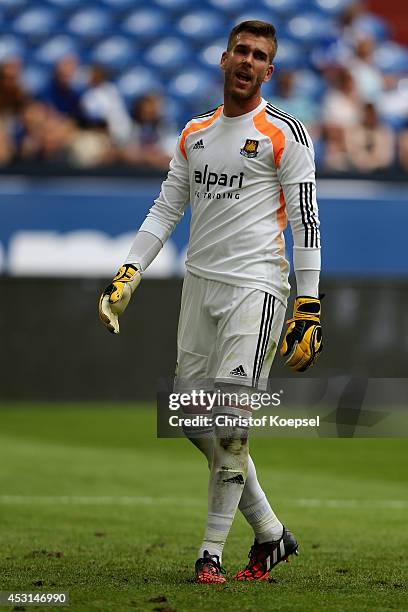 Adrian of West Ham United shouts during the match between FC Malaga and West Ham United as part of the Schalke 04 Cup Day at Veltins-Arena on August...