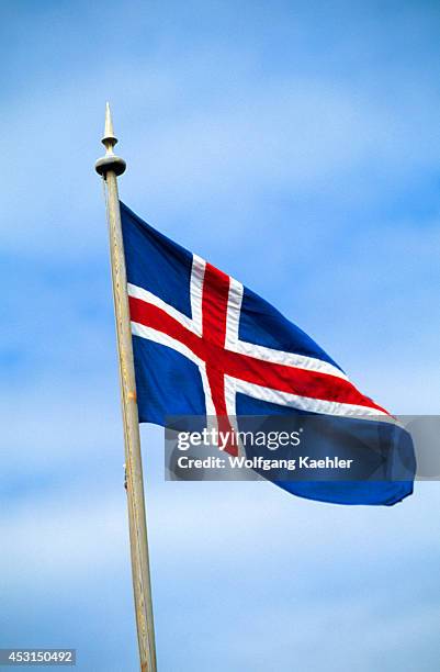 Iceland, East Coast, Djupavogur Fishing Village, Icelandic Flag.