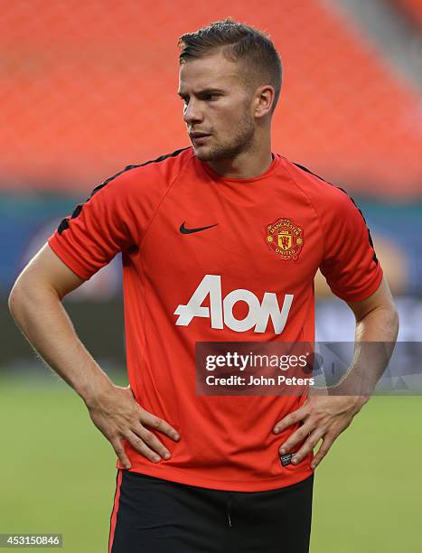 Tom Cleverley of Manchester United in action during an open training session as part of their pre-season tour of the United States at Sunlife Stadium...
