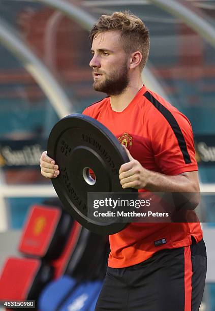 Luke Shaw of Manchester United in action during an open training session as part of their pre-season tour of the United States at Sunlife Stadium on...