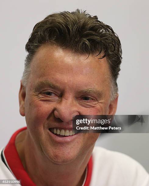 Manager Louis van Gaal of Manchester United speaks during a press conference after an open training session as part of their pre-season tour of the...