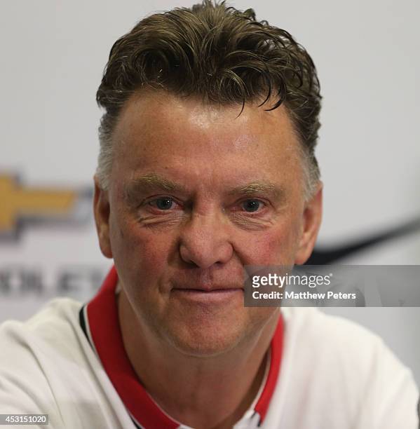 Manager Louis van Gaal of Manchester United speaks during a press conference after an open training session as part of their pre-season tour of the...