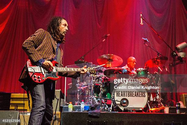 Musicians Mike Campbell and Steve Ferrone perform on stage with Tom Petty & The Heartbreakers at Viejas Arena on August 3, 2014 in San Diego,...
