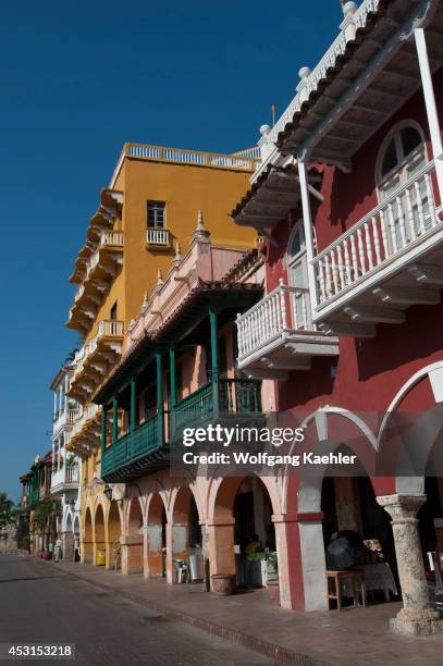 Colonial houses at Plaza de los Coches in Cartagena, Colombia, a walled city and Unesco World Heritage Site.
