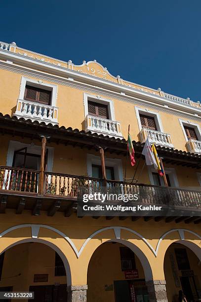 Colonial houses at Plaza de los Coches in Cartagena, Colombia, a walled city and Unesco World Heritage Site.