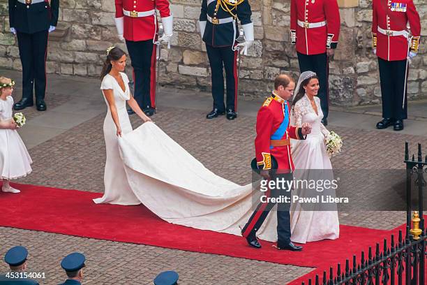 Newlywed couple HRH Prince William of Wales and his wife Catherine leaving Westminster Abbey after the end of the Royal Wedding Ceremony.